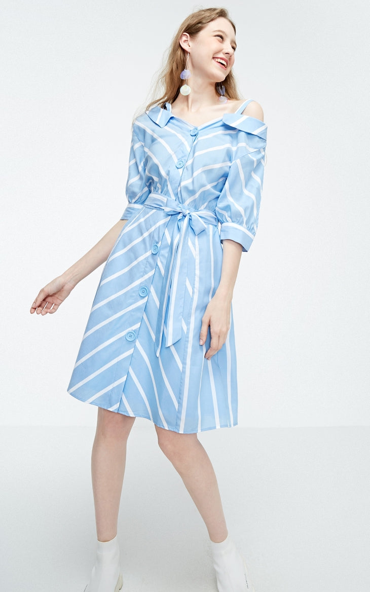 Off-the-shoulder Decorative Buttons Shirt Dress