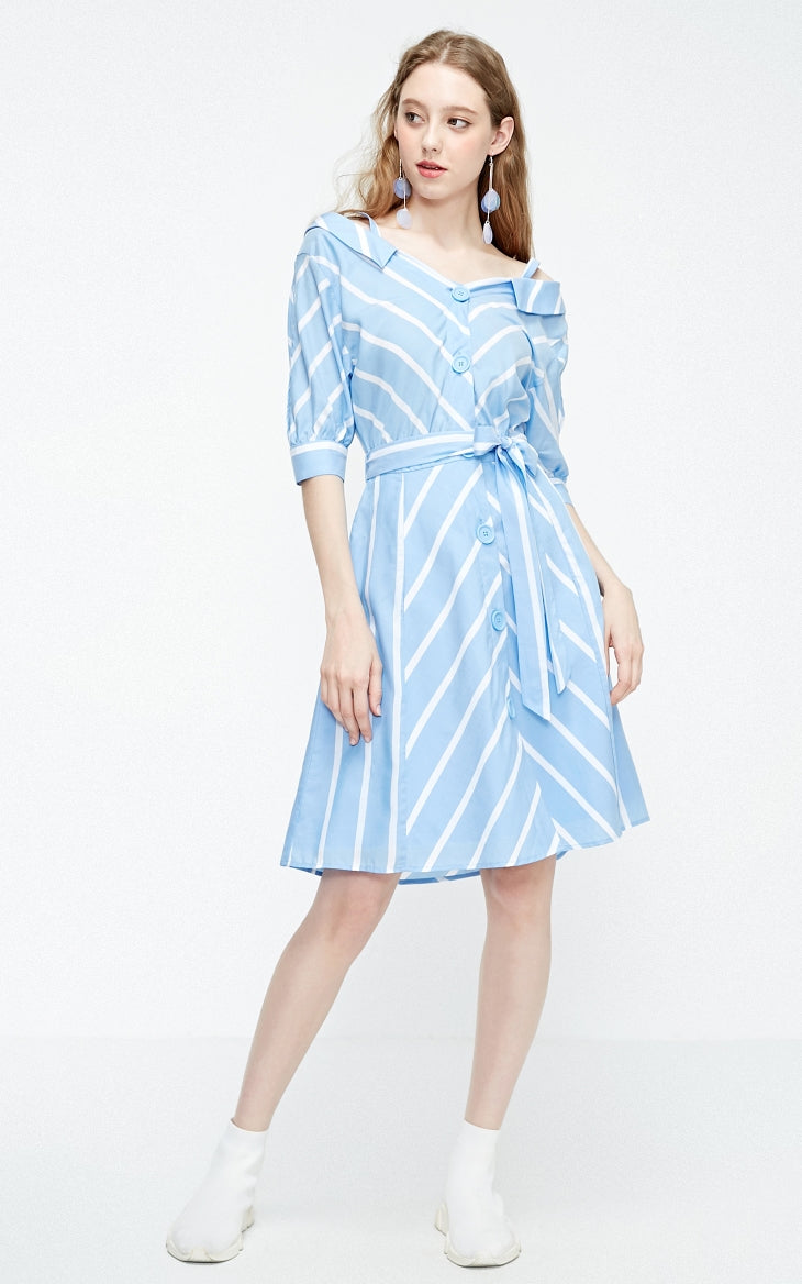 Off-the-shoulder Decorative Buttons Shirt Dress