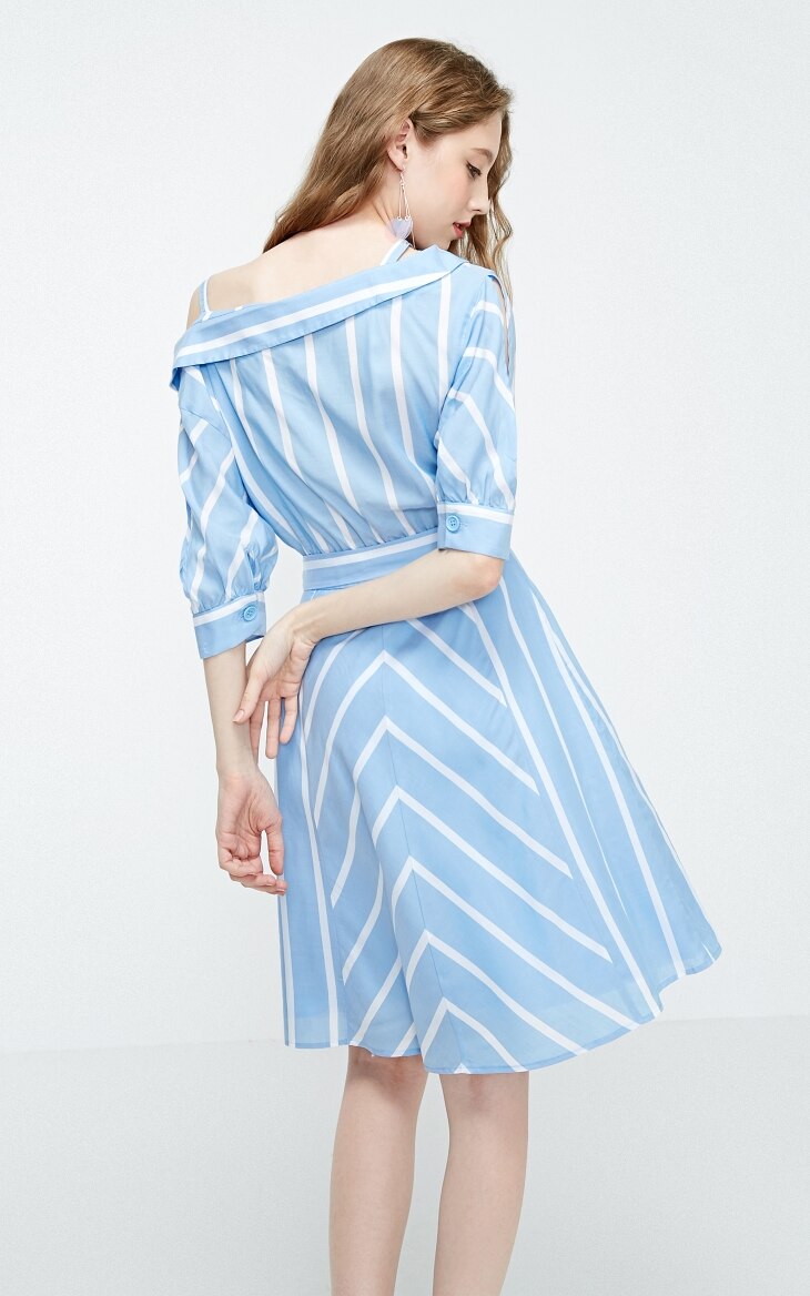 Off-the-shoulder Decorative Buttons Shirt Dress