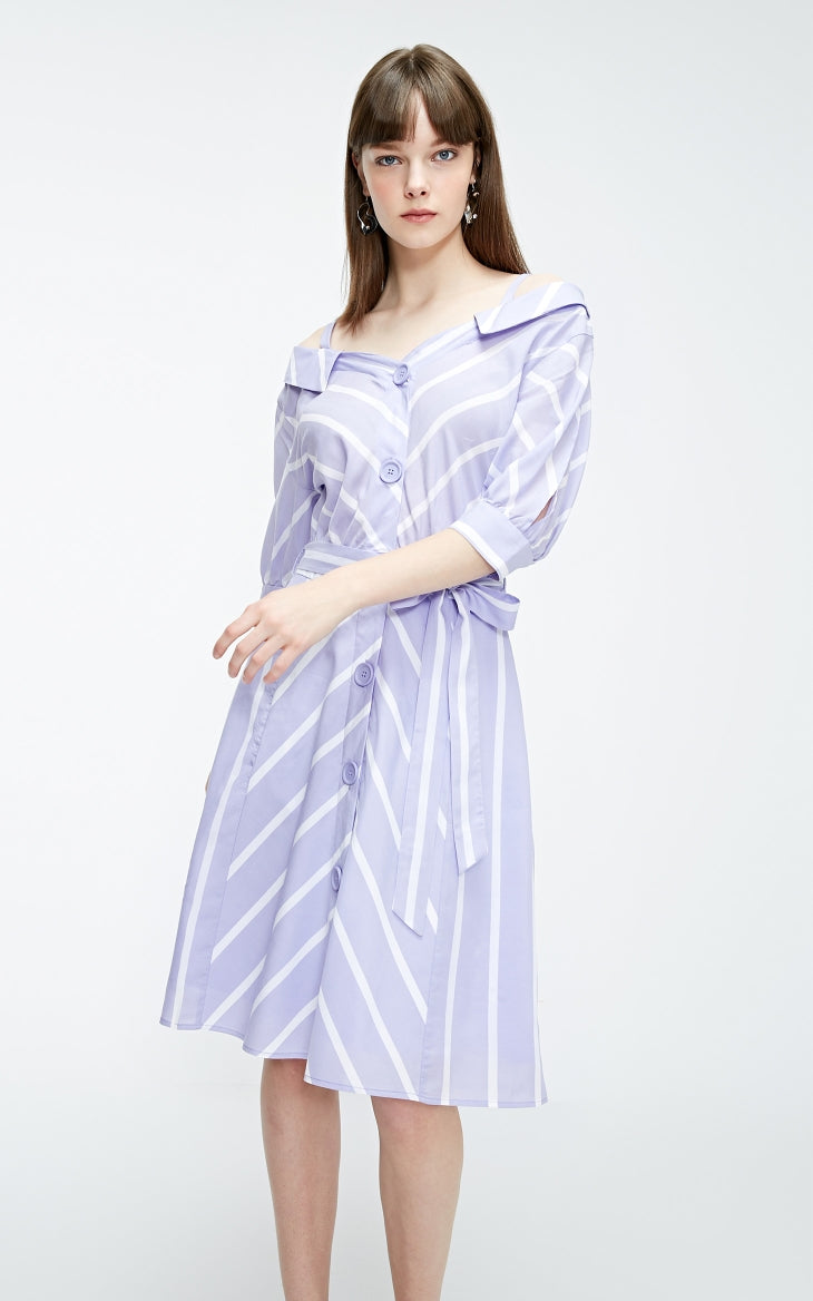 Off-the-shoulder Decorative Buttons Shirt Dress