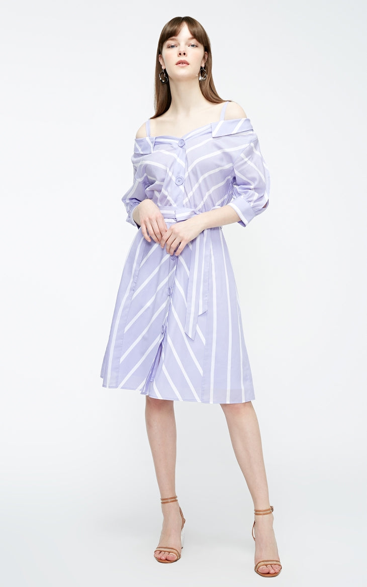 Off-the-shoulder Decorative Buttons Shirt Dress