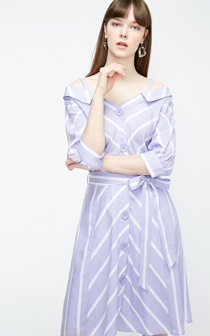 Off-the-shoulder Decorative Buttons Shirt Dress