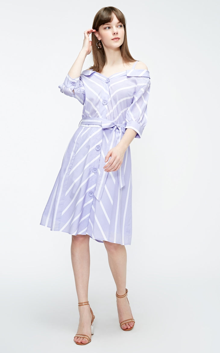 Off-the-shoulder Decorative Buttons Shirt Dress
