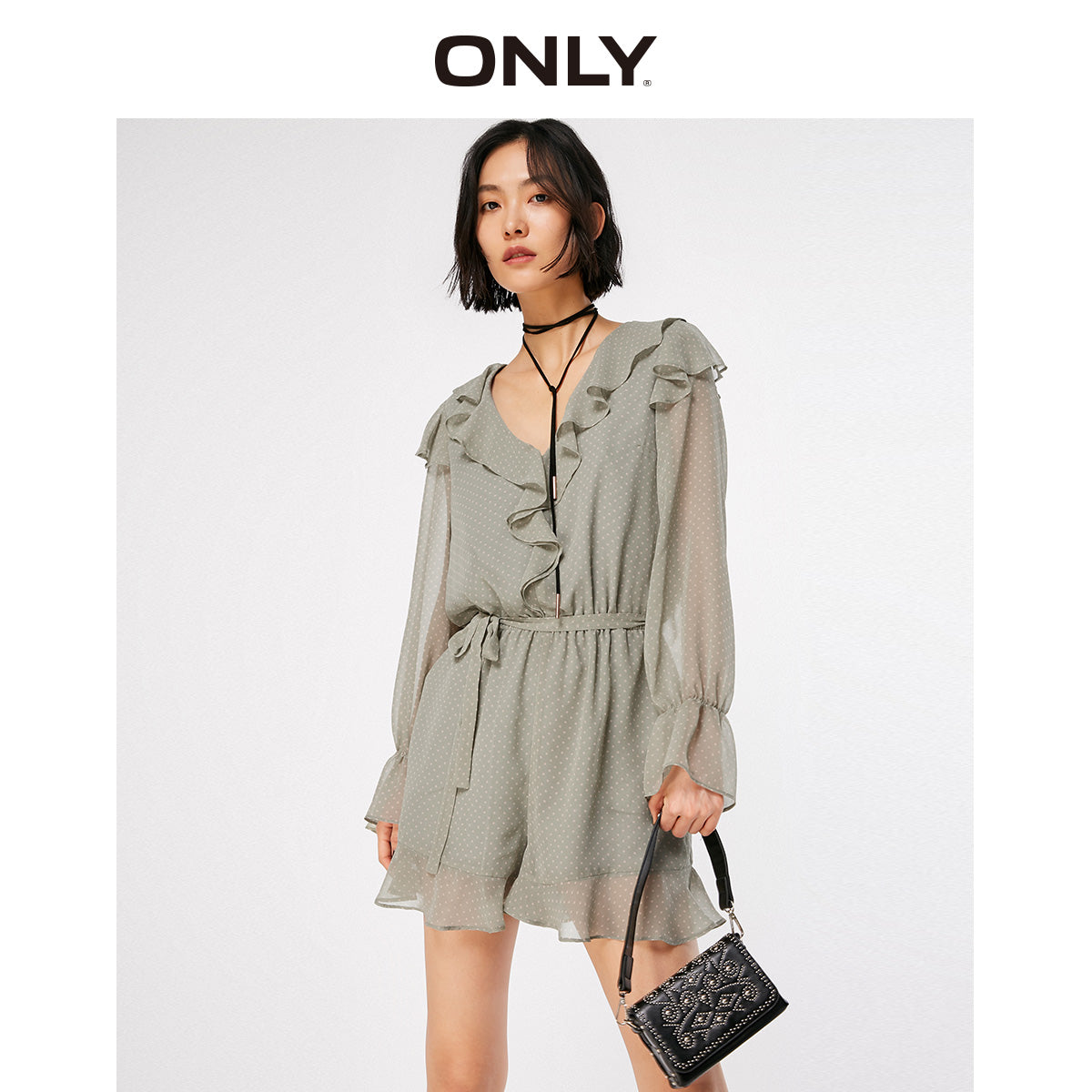 Polka Dots Ruffled Waist Short Chiffon Jumpsuit