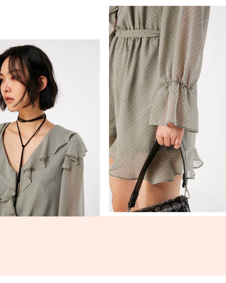 Polka Dots Ruffled Waist Short Chiffon Jumpsuit