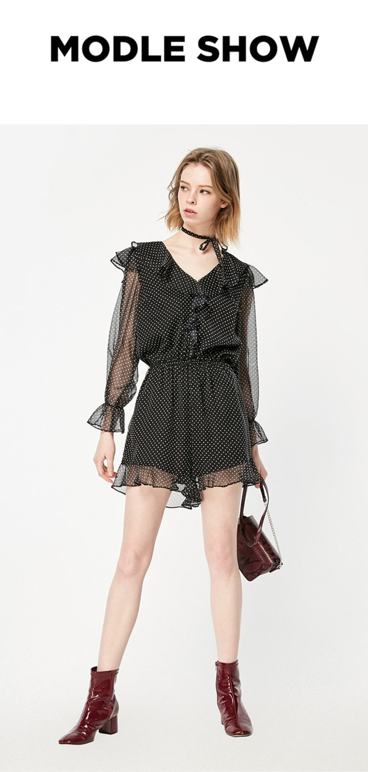 Polka Dots Ruffled Waist Short Chiffon Jumpsuit