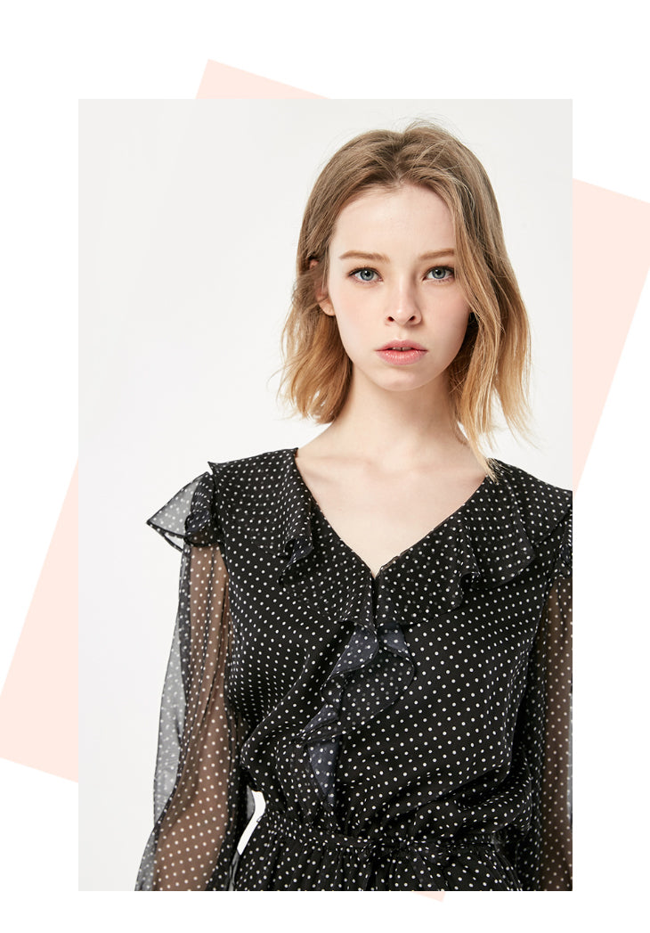 Polka Dots Ruffled Waist Short Chiffon Jumpsuit