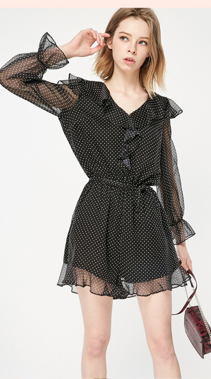 Polka Dots Ruffled Waist Short Chiffon Jumpsuit