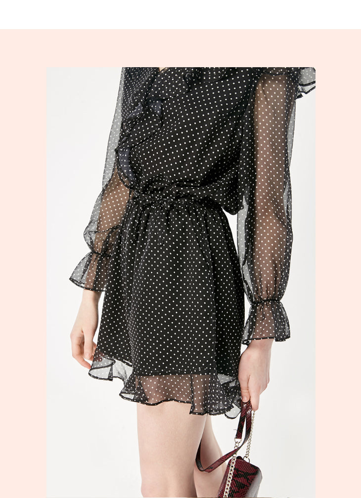 Polka Dots Ruffled Waist Short Chiffon Jumpsuit