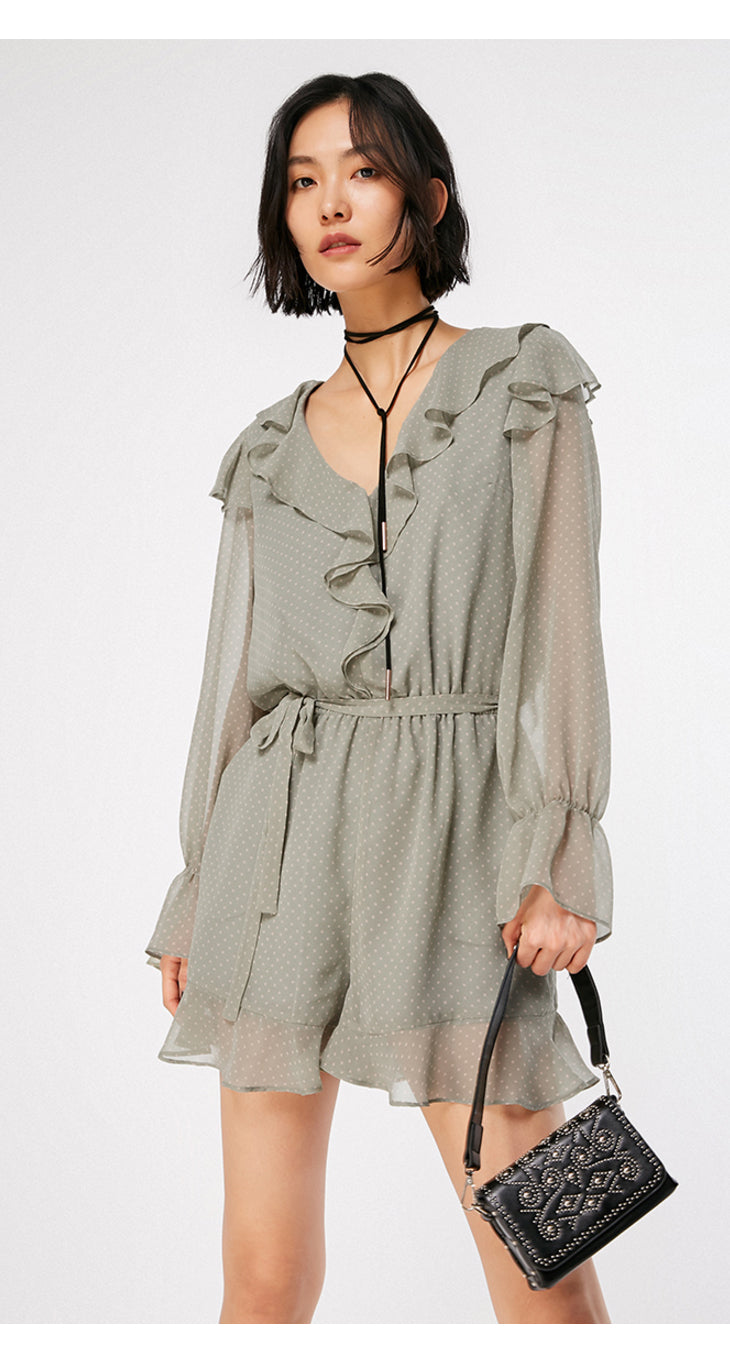 Polka Dots Ruffled Waist Short Chiffon Jumpsuit