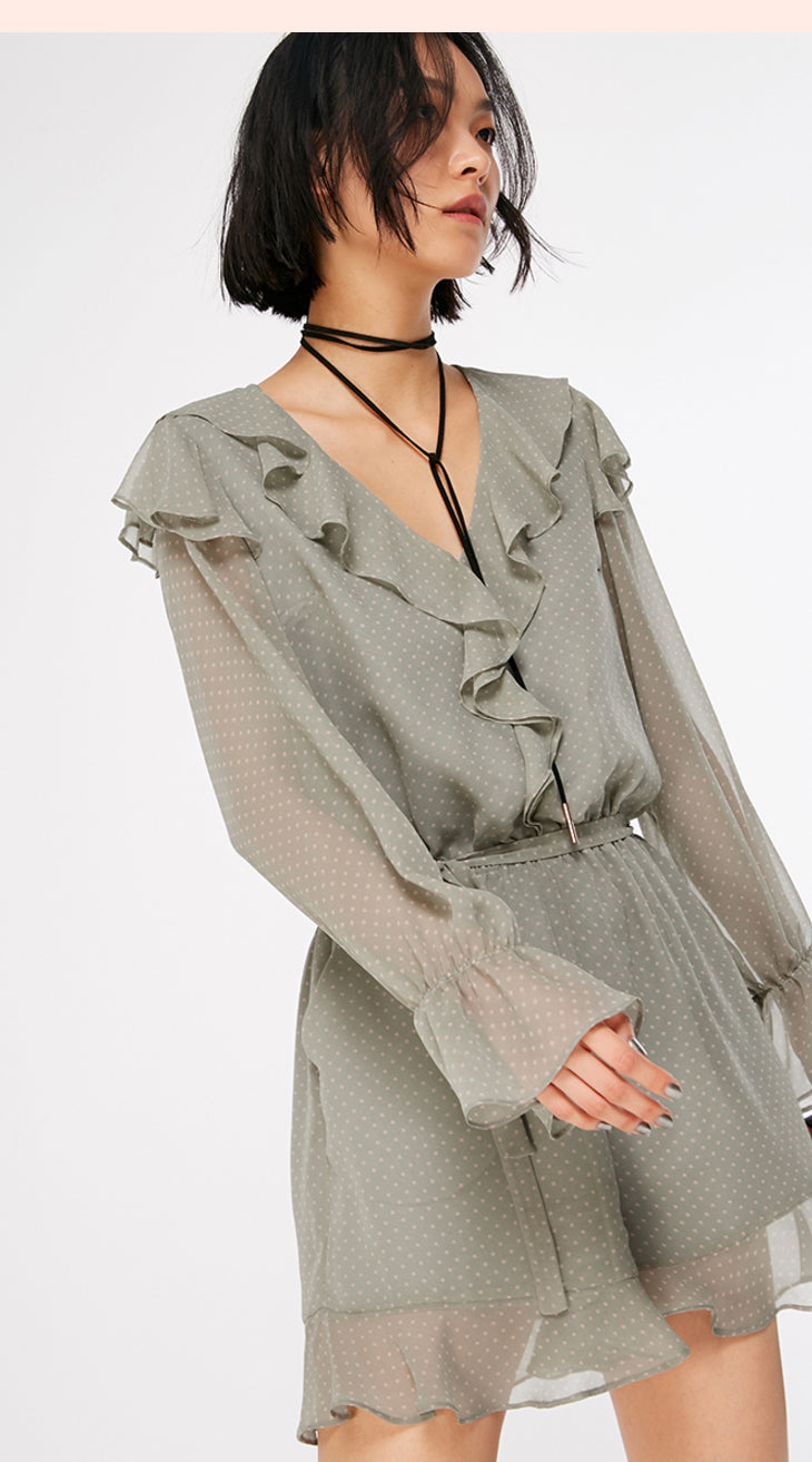 Polka Dots Ruffled Waist Short Chiffon Jumpsuit