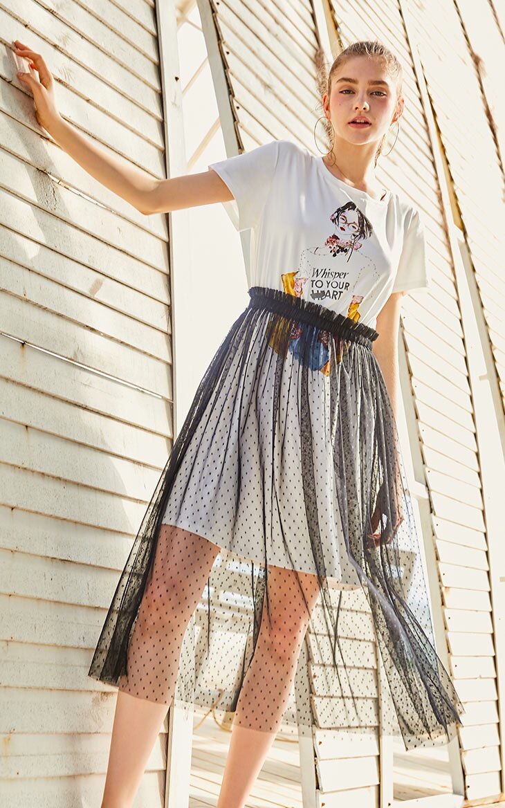 Fake Two-piece Print Gauzy See-through T-shirt Summer Dress