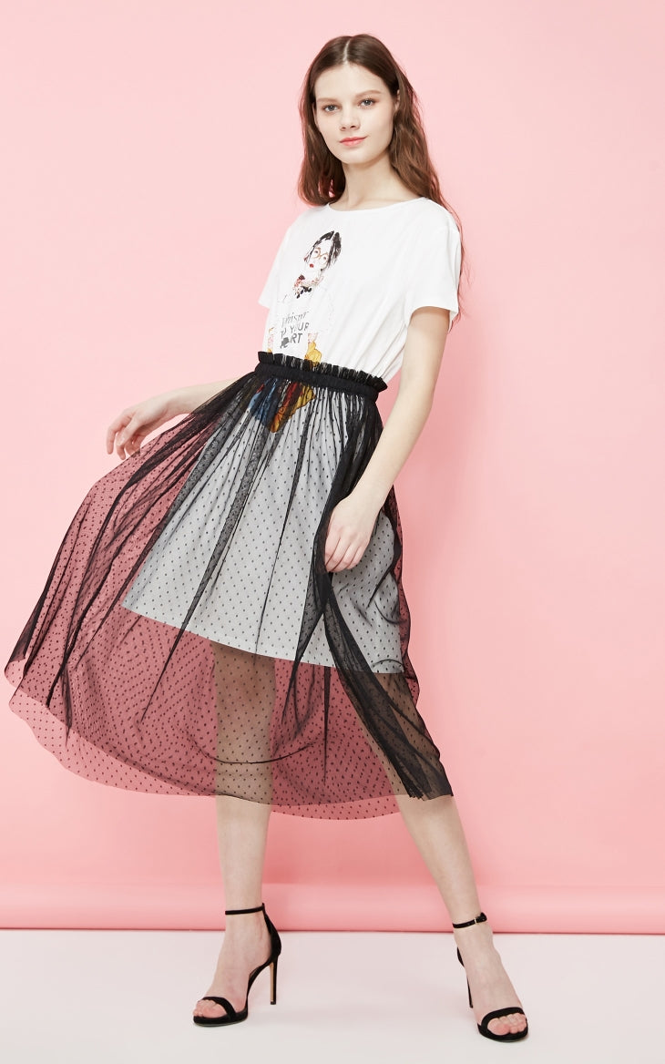 Fake Two-piece Print Gauzy See-through T-shirt Summer Dress