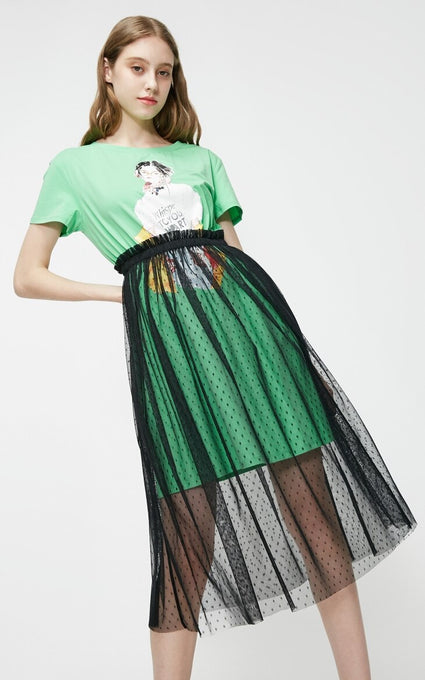 Fake Two-piece Print Gauzy See-through T-shirt Summer Dress