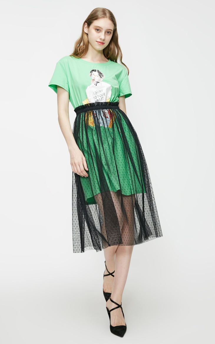 Fake Two-piece Print Gauzy See-through T-shirt Summer Dress