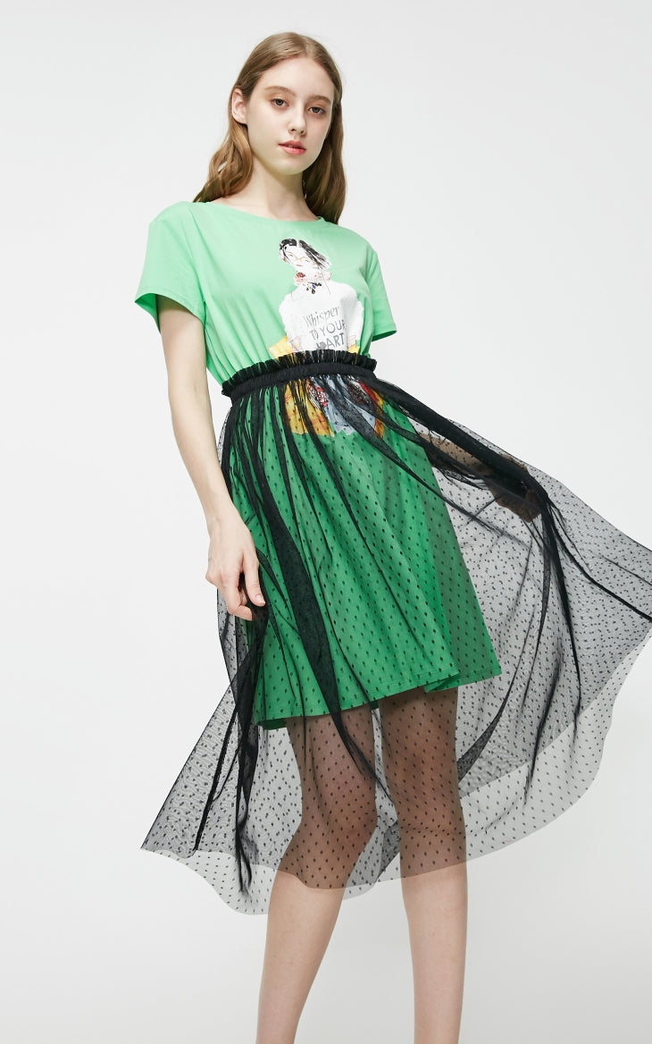 Fake Two-piece Print Gauzy See-through T-shirt Summer Dress