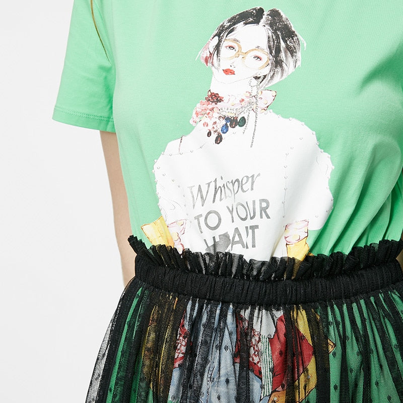 Fake Two-piece Print Gauzy See-through T-shirt Summer Dress