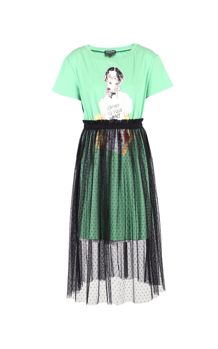 Fake Two-piece Print Gauzy See-through T-shirt Summer Dress