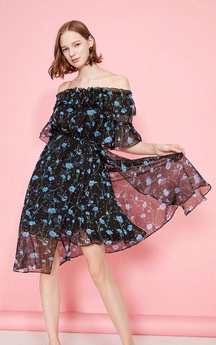 Off-the-shoulder Printed Chiffon Dress