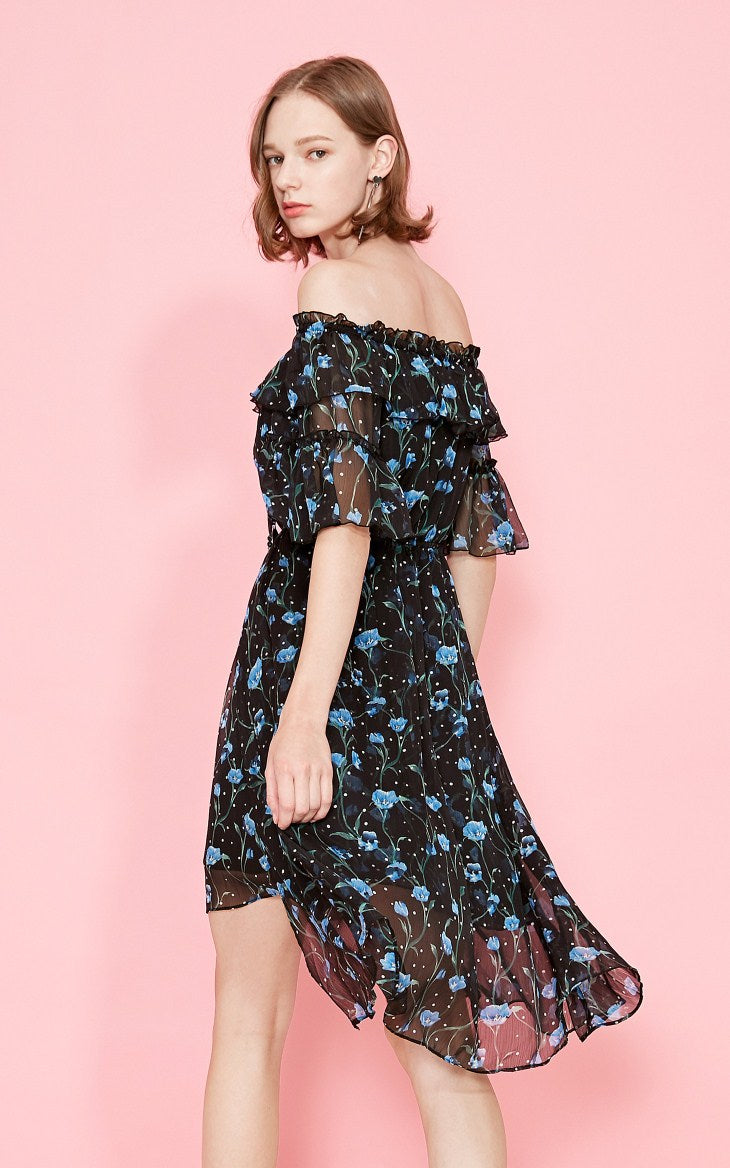 Off-the-shoulder Printed Chiffon Dress