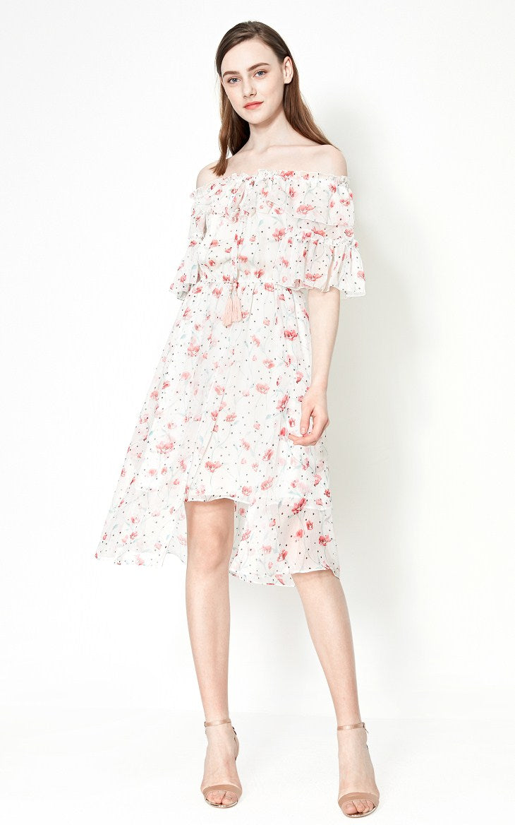 Off-the-shoulder Printed Chiffon Dress