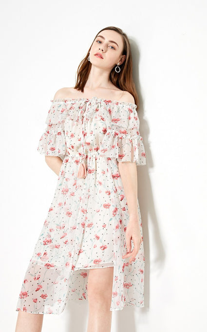 Off-the-shoulder Printed Chiffon Dress