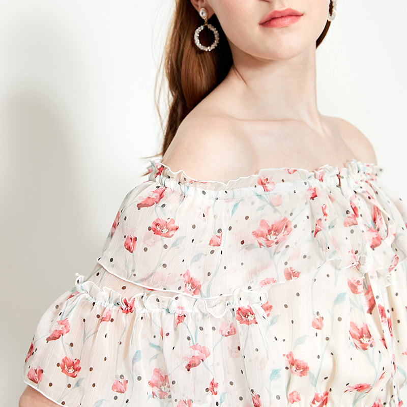 Off-the-shoulder Printed Chiffon Dress
