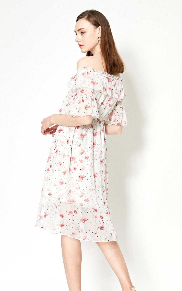 Off-the-shoulder Printed Chiffon Dress