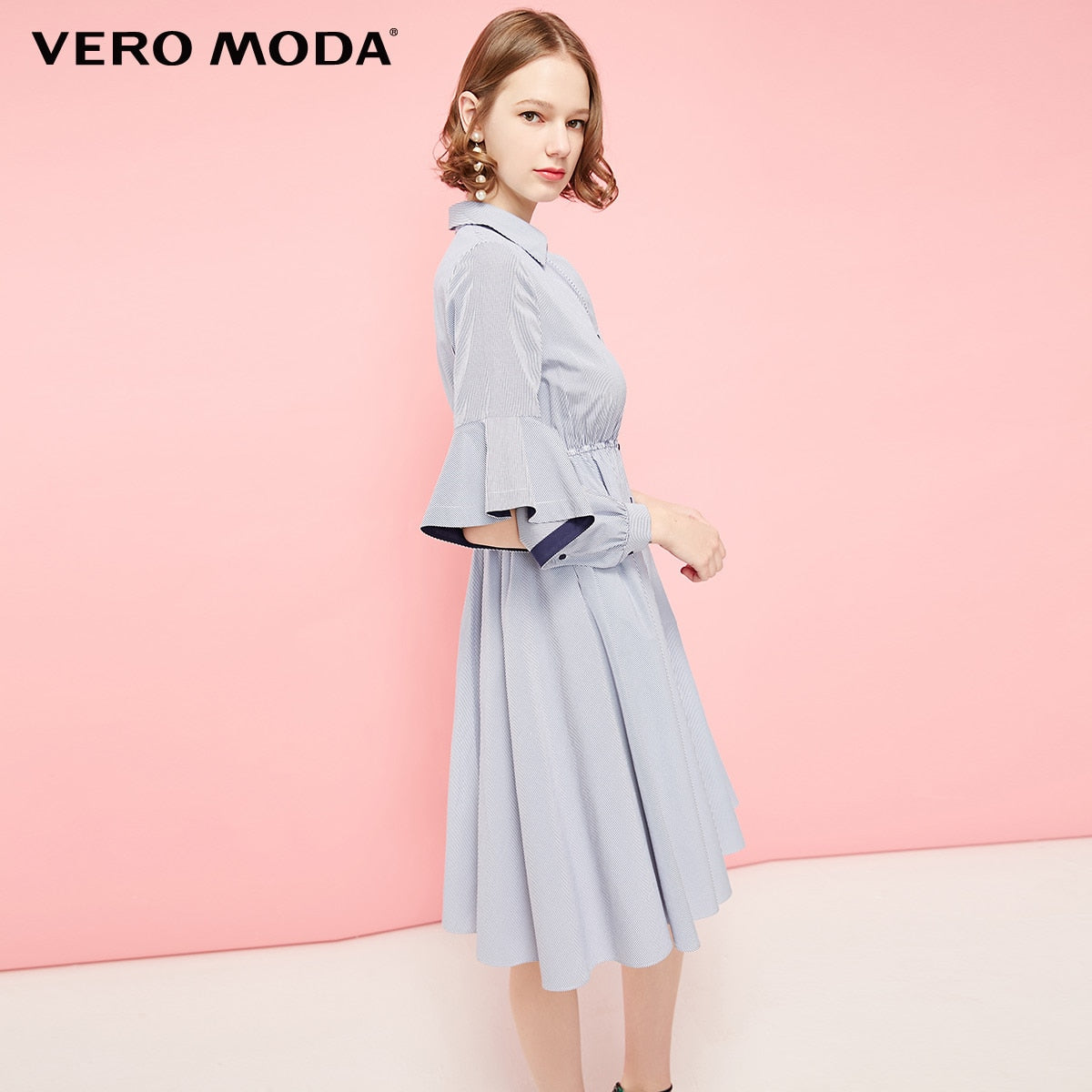 Mid-length Striped Flared Sleeves Shirt Dress