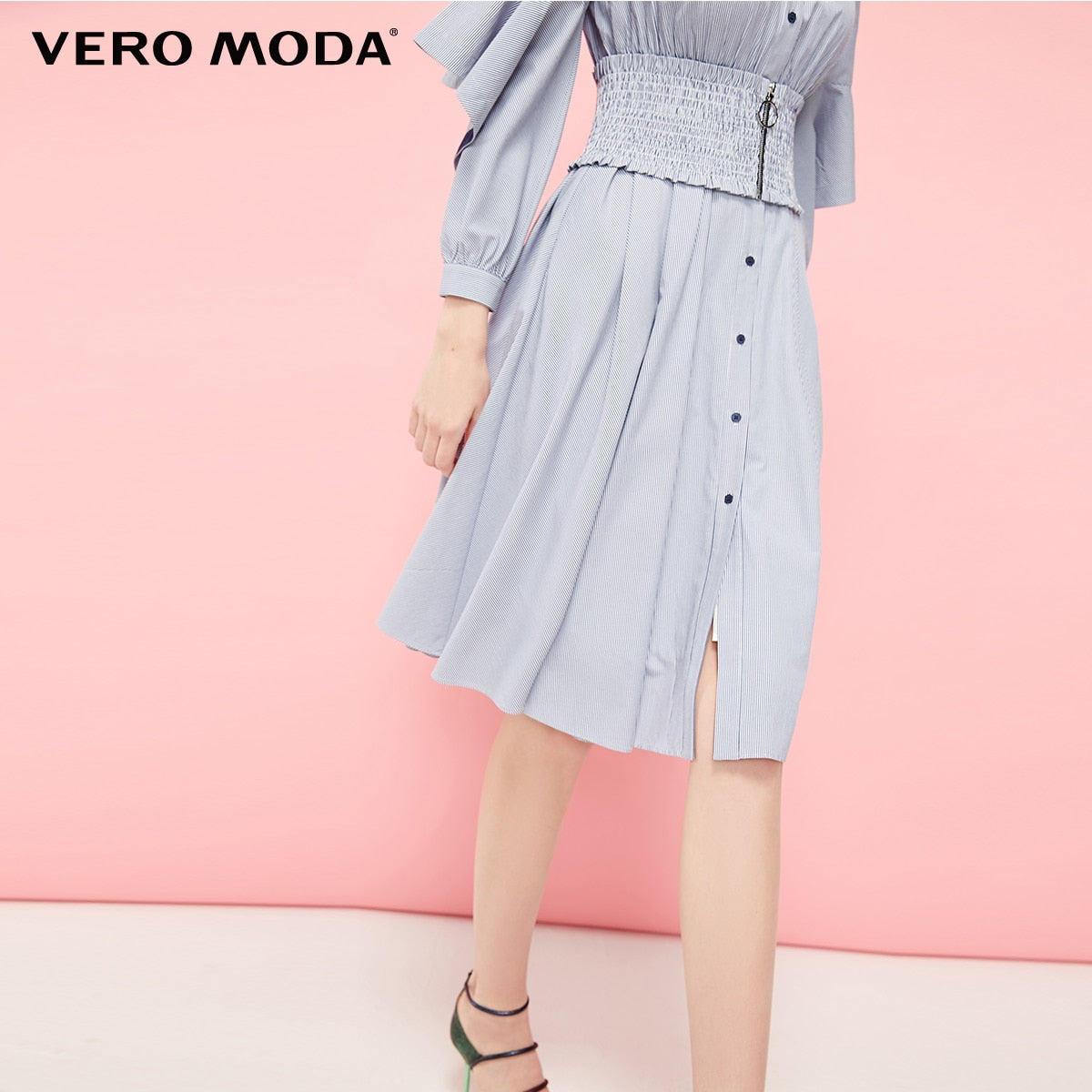 Mid-length Striped Flared Sleeves Shirt Dress