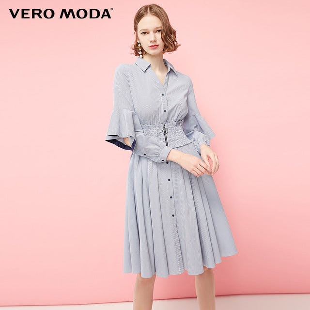 Mid-length Striped Flared Sleeves Shirt Dress
