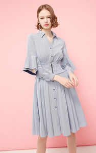 Mid-length Striped Flared Sleeves Shirt Dress
