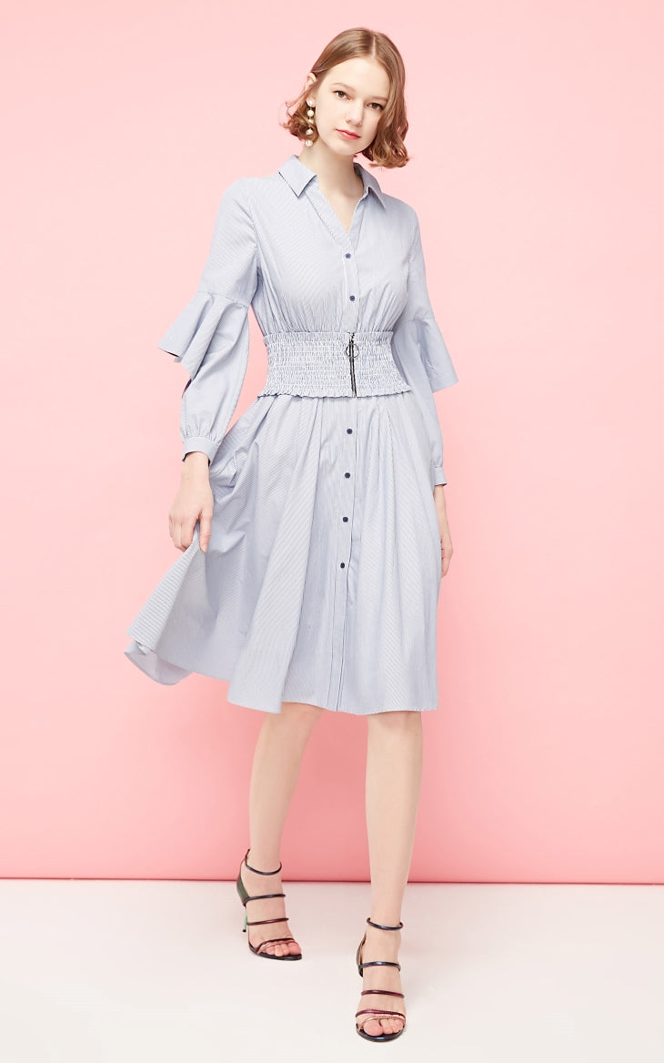 Mid-length Striped Flared Sleeves Shirt Dress