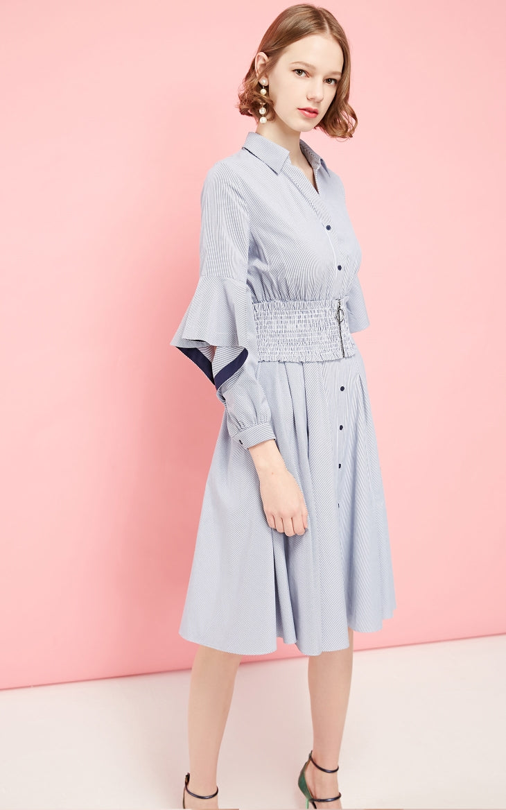 Mid-length Striped Flared Sleeves Shirt Dress