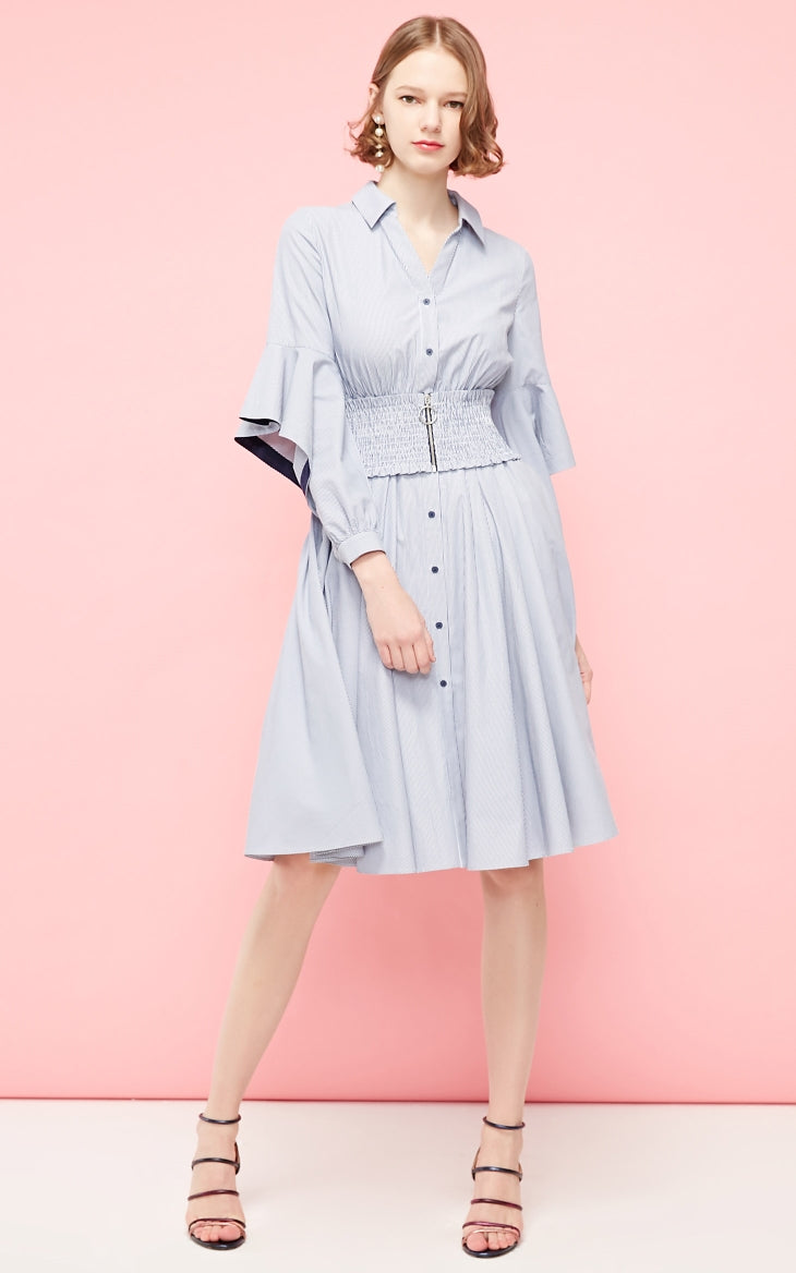 Mid-length Striped Flared Sleeves Shirt Dress