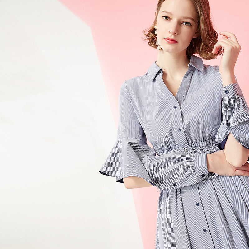 Mid-length Striped Flared Sleeves Shirt Dress