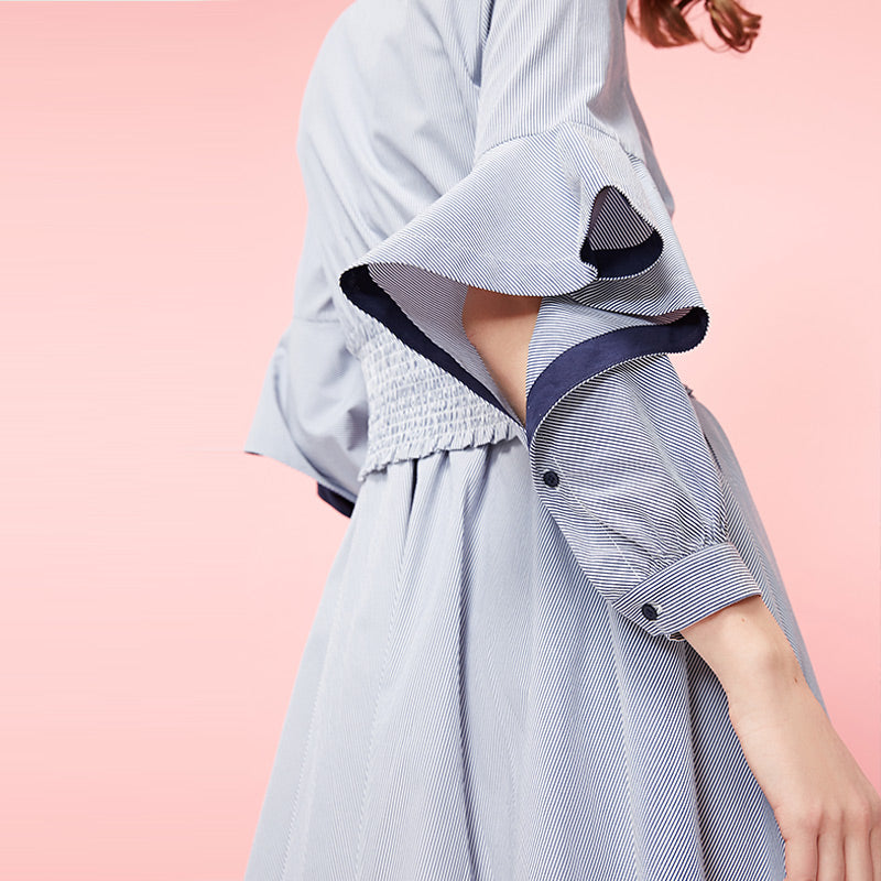 Mid-length Striped Flared Sleeves Shirt Dress