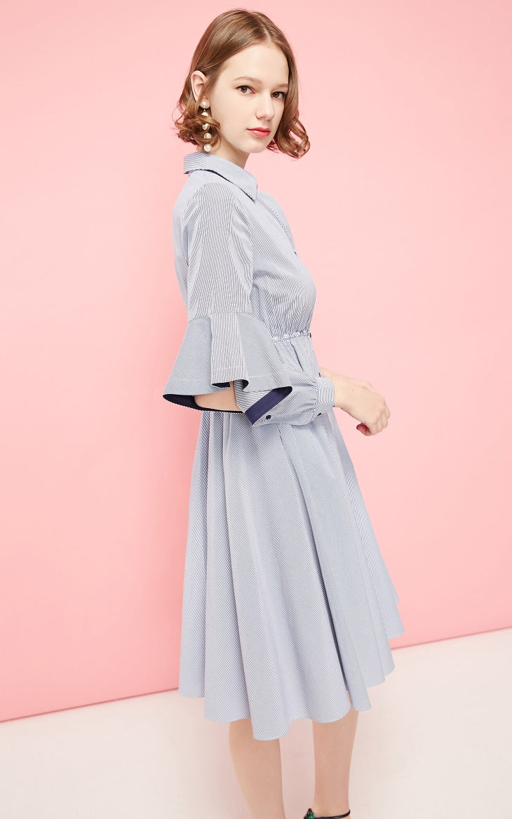 Mid-length Striped Flared Sleeves Shirt Dress