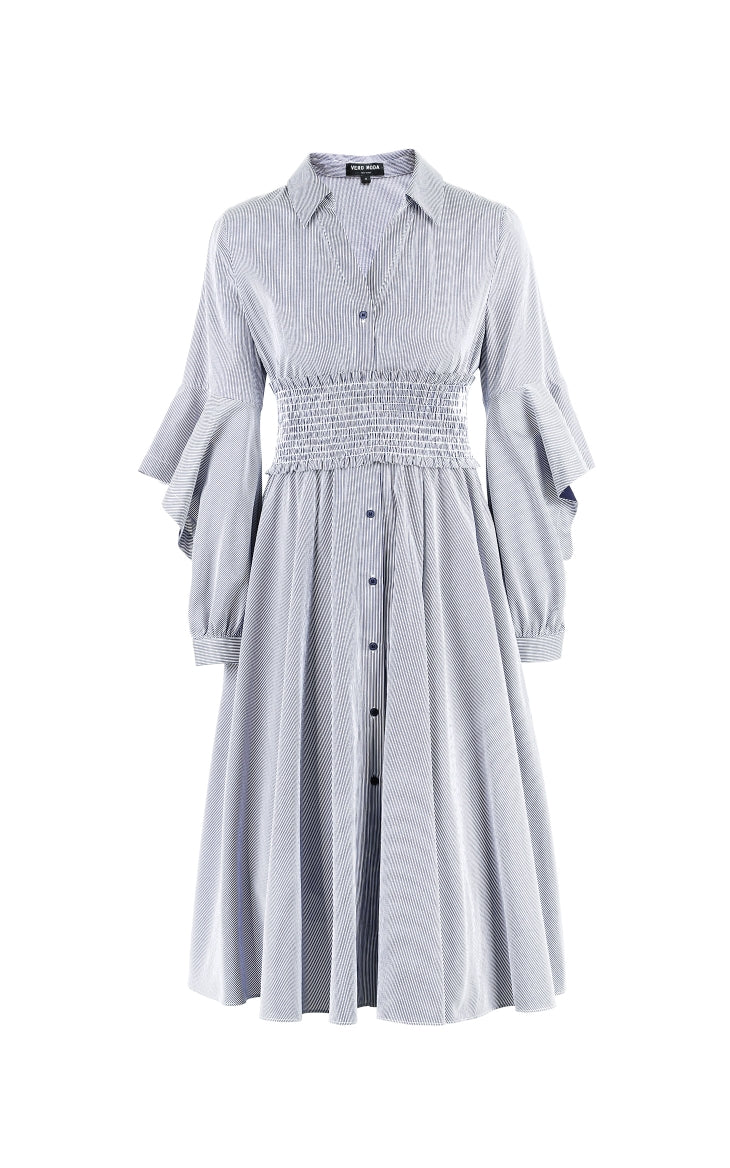 Mid-length Striped Flared Sleeves Shirt Dress