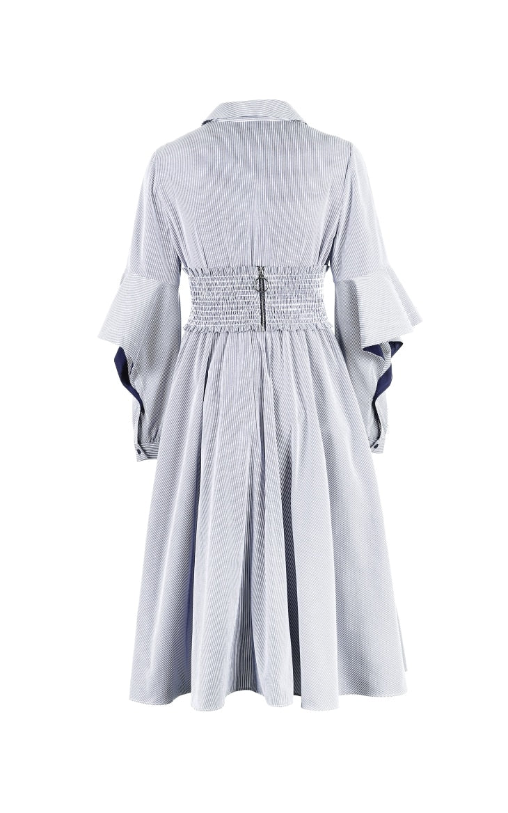 Mid-length Striped Flared Sleeves Shirt Dress