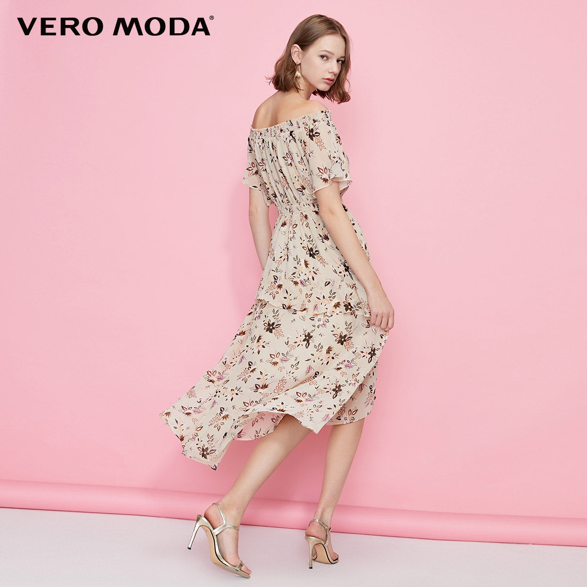 Printed Ruffled Hemline Off-the-shoulder Chiffon Dress