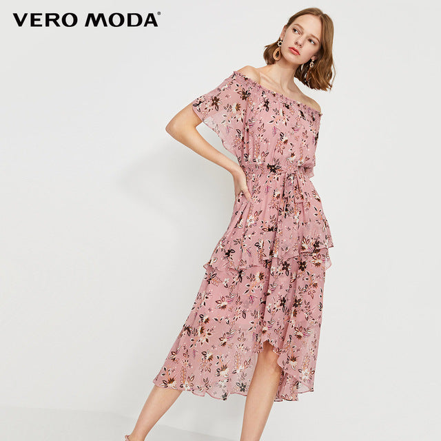 Printed Ruffled Hemline Off-the-shoulder Chiffon Dress