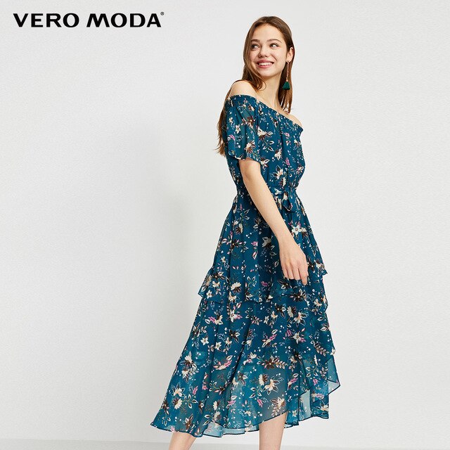 Printed Ruffled Hemline Off-the-shoulder Chiffon Dress