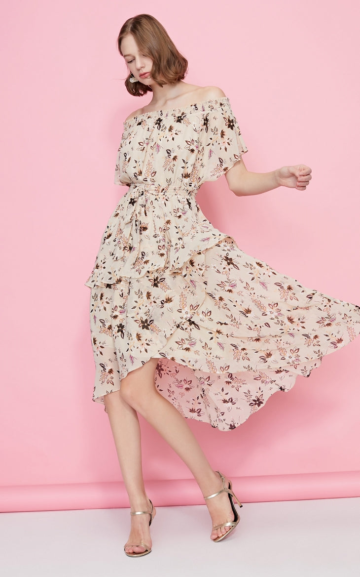Printed Ruffled Hemline Off-the-shoulder Chiffon Dress