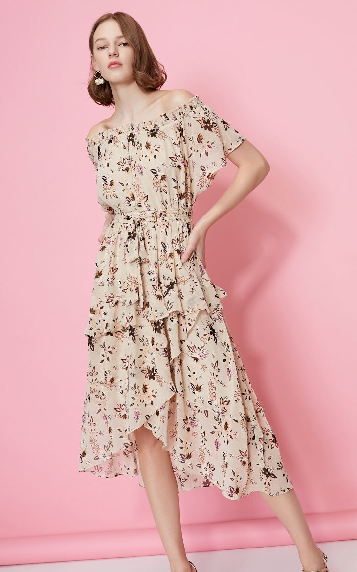 Printed Ruffled Hemline Off-the-shoulder Chiffon Dress