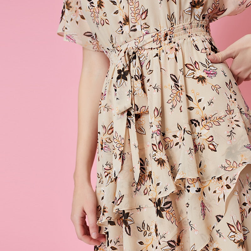 Printed Ruffled Hemline Off-the-shoulder Chiffon Dress