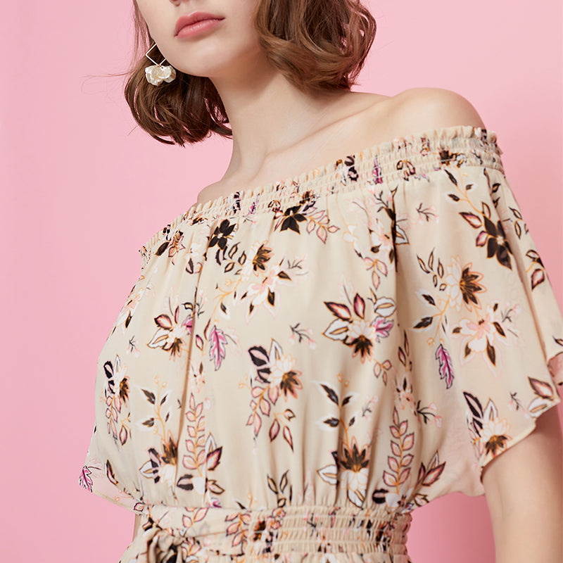 Printed Ruffled Hemline Off-the-shoulder Chiffon Dress