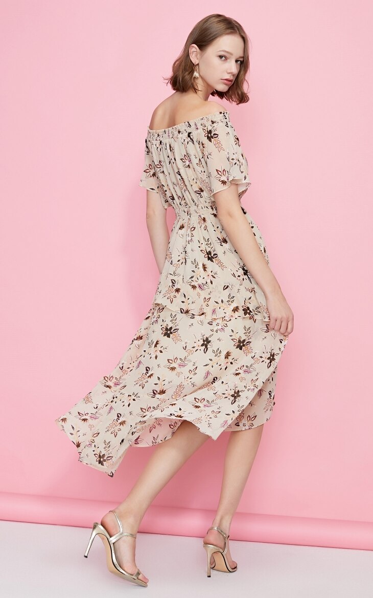 Printed Ruffled Hemline Off-the-shoulder Chiffon Dress