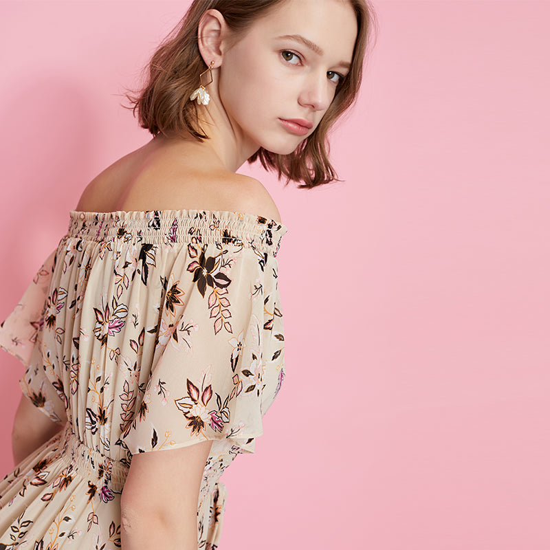 Printed Ruffled Hemline Off-the-shoulder Chiffon Dress