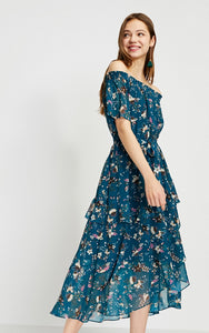 Printed Ruffled Hemline Off-the-shoulder Chiffon Dress